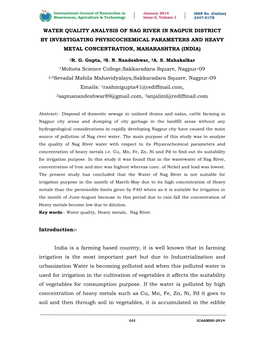 Water Quality Analysis of Nag River in Nagpur District by Investigating Physicochemical Parameters and Heavy Metal Concentration, Maharashtra (India)