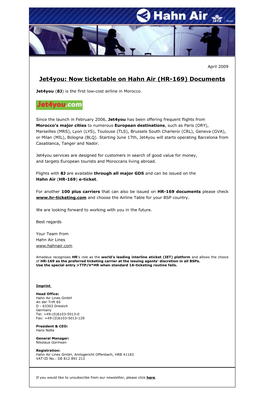 Jet4you: Now Ticketable on Hahn Air (HR-169) Documents