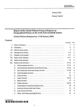 Report of the United Nations Group of Experts on Geographical Names on the Work of Its Twentieth Session Contents