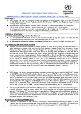 EMERGENCY and HUMANITARIAN ACTION (EHA) WEEKLY UPDATE –WHO COUNTRY OFFICE ETHIOPIA: (Week 3, 12 – 18 January 2009) HIGH LIGH