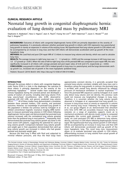 Neonatal Lung Growth in Congenital Diaphragmatic Hernia: Evaluation of Lung Density and Mass by Pulmonary MRI