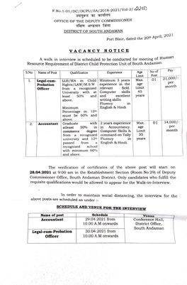 District of South Andaman Schedule and Venue For