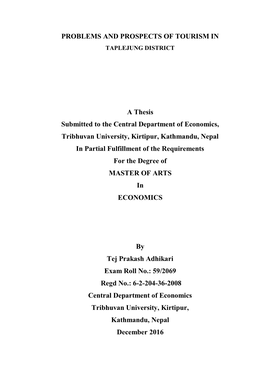 PROBLEMS and PROSPECTS of TOURISM in a Thesis Submitted To
