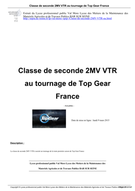 Classe De Seconde 2MV VTR Au Tournage De Top Gear France