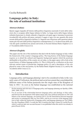 Language Policy in Italy: the Role of National Institutions