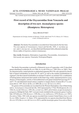 First Record of the Oxycarenidae from Venezuela and Description of Two New Anomaloptera Species (Hemiptera: Heteroptera)
