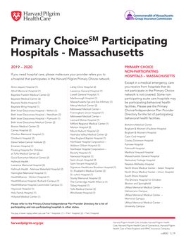 Primary Choicesm Participating Hospitals - Massachusetts