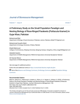 A Preliminary Study on the Small Population Paradigm and Nesting Biology of Rose-Ringed Parakeets (Psittacula Krameri) in Gujar Khan, Pakistan