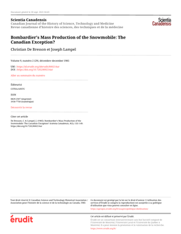 Bombardier's Mass Production of the Snowmobile: the Canadian Exception? Christian De Bresson Et Joseph Lampel