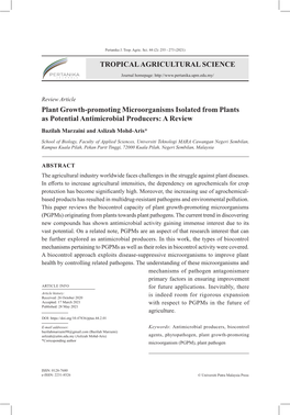 TROPICAL AGRICULTURAL SCIENCE Plant Growth-Promoting Microorganisms Isolated from Plants As Potential Antimicrobial Producers: A