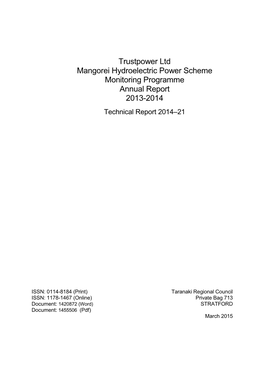Trustpower Mangorei Hydroelectric Power Scheme Monitoring Report