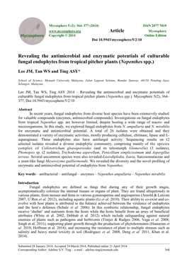 Revealing the Antimicrobial and Enzymatic Potentials of Culturable Fungal Endophytes from Tropical Pitcher Plants (Nepenthes Spp.)