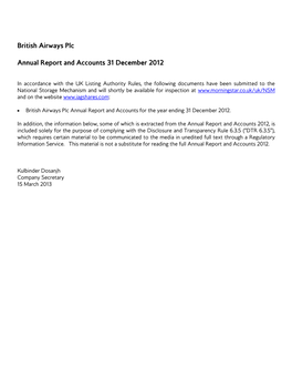 British Airways Plc Annual Report and Accounts 31 December 2012