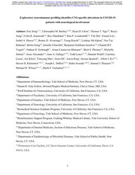 Exploratory Neuroimmune Profiling Identifies CNS-Specific Alterations in COVID-19 Patients with Neurological Involvement