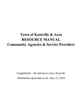 Town of Kentville & Area RESOURCE MANUAL Community Agencies