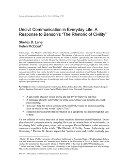 Uncivil Communication in Everyday Life: a Response to Benson’S “The Rhetoric of Civility”