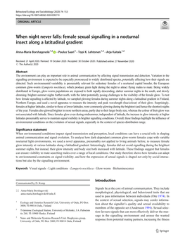 When Night Never Falls: Female Sexual Signalling in a Nocturnal Insect Along a Latitudinal Gradient