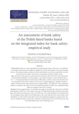 An Assessment of Bank Safety of the Polish Listed Banks Based on the Integrated Index for Bank Safety: Empirical Study.Ekonomia I Prawo