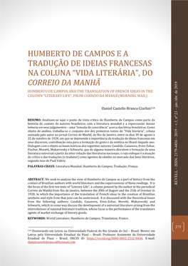 Humberto De Campos E a Traduça O De Ideias