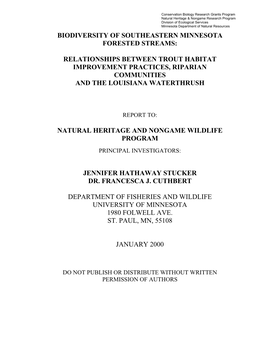 Relationships Between Trout Habitat Improvement Practices, Riparian Communities and the Louisiana Waterthrush