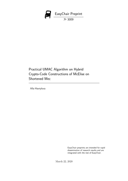 Easychair Preprint Practical UMAC Algorithm on Hybrid Crypto-Code