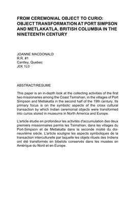 Object Transformation at Port Simpson and Metlakatla, British Columbia in the Nineteenth Century