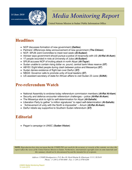 Media Monitoring Report United Nations Mission in Sudan/ Public Information Office