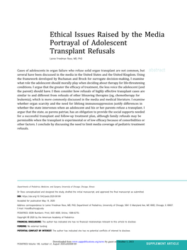 Ethical Issues Raised by the Media Portrayal of Adolescent Transplant Refusals Lainie Friedman Ross, MD, Phd