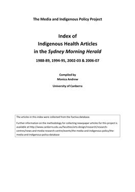 Index of Indigenous Health Articles in the Sydney Morning Herald