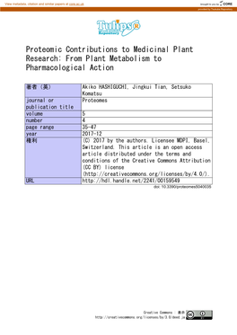 Proteomic Contributions to Medicinal Plant Research: from Plant Metabolism to Pharmacological Action