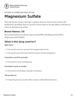 Magnesium Sulfate | Memorial Sloan Kettering Cancer Center