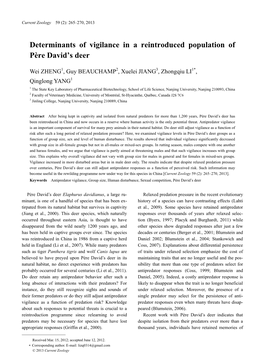 Determinants of Vigilance in a Reintroduced Population of Père David’S Deer