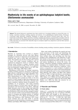 Rhythmicity in Life Events of an Aphidophagous Ladybird Beetle, Cheilomenes Sexmaculata