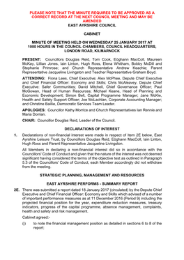 Please Note That the Minute Requires to Be Approved As a Correct Record at the Next Council Meeting and May Be Amended East Ayrshire Council