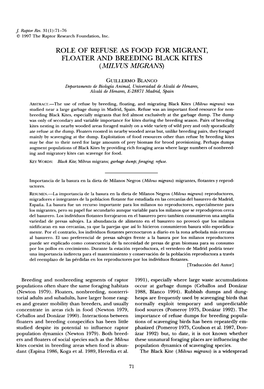 Role of Refuse As Food for Migrant, Floater and Breeding Black Kites ( Milvus Migrans)