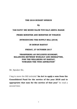 THE 2018 BUDGET SPEECH by YAB DATO' SRI MOHD NAJIB TUN HAJI