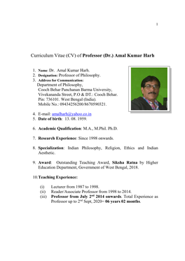 Curriculum Vitae (CV) of Professor (Dr.) Amal Kumar Harh