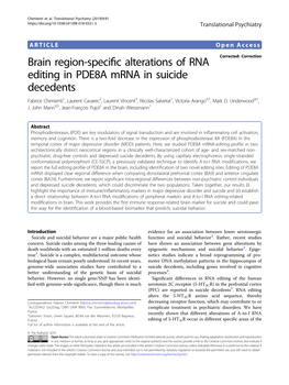 Brain Region-Specific Alterations of RNA Editing in PDE8A Mrna In