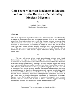 Call Them Morenos: Blackness in Mexico and Across the Border As Perceived by Mexican Migrants