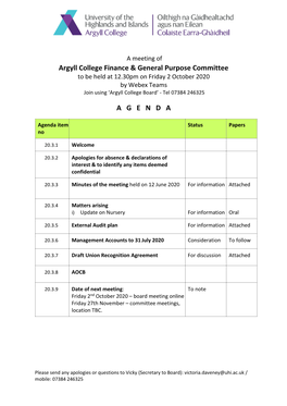 Argyll College Finance & General Purpose Committee a G E N D