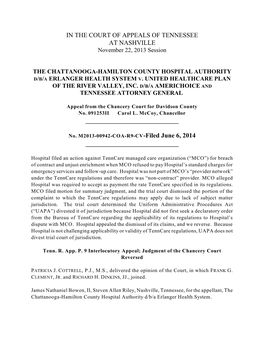 The Chattanooga-Hamilton County Hospital Authority D/B/A Erlanger Health System V. United Healthcare Plan of the River Valley, Inc