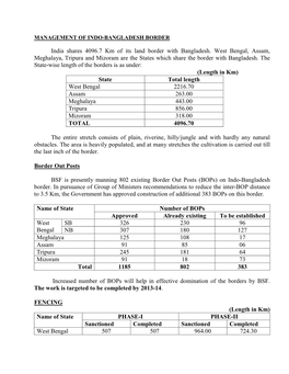 India Shares 4096.7 Km of Its Land Border with Bangladesh. West Bengal, Assam, Meghalaya, Tripura and Mizoram Are the States Which Share the Border with Bangladesh