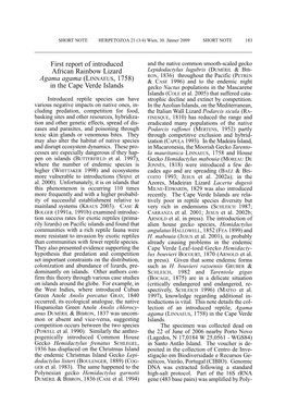 First Report of Introduced African Rainbow Lizard Agama Agama (LINNAEUS, 1758) in the Cape Verde Islands