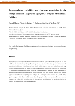 Inter-Population Variability and Character Description in the Sponge-Associated Haplosyllis Spongicola Complex (Polychaeta: Syllidae)