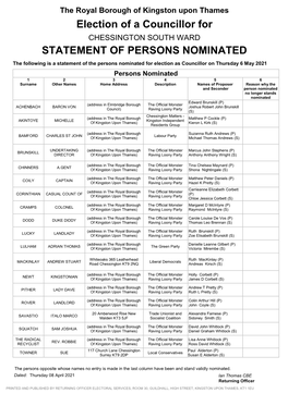 Election of a Councillor for STATEMENT OF