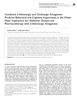 Combined Β-Adrenergic and Cholinergic Antagonism Produces Behavioral and Cognitive Impairments in the Water Maze