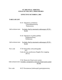 FY 2002 FINAL ADDENDA ICD-9-CM VOLUME 3, PROCEDURES EFFECTIVE OCTOBER 1, 2001 TABULAR LIST 01.41 Operations on Thalamus Chemoth