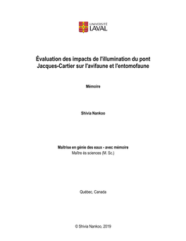 Évaluation Des Impacts De L'illumination Du Pont Jacques-Cartier Sur L'avifaune Et L'entomofaune