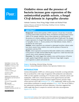 Oxidative Stress and the Presence of Bacteria Increase Gene Expression of the Antimicrobial Peptide Aclasin, a Fungal CS&Agr