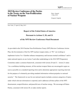 2015 Review Conference of the Parties to the Treaty on the Non-Proliferation Distr.: General 1 May 2015 of Nuclear Weapons Original: English